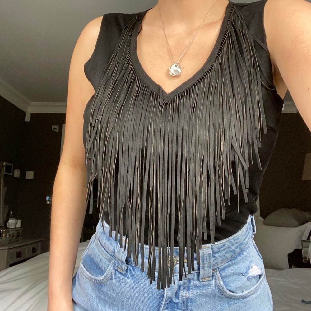 ZARA BASIC | Black Suede Tassle Top
